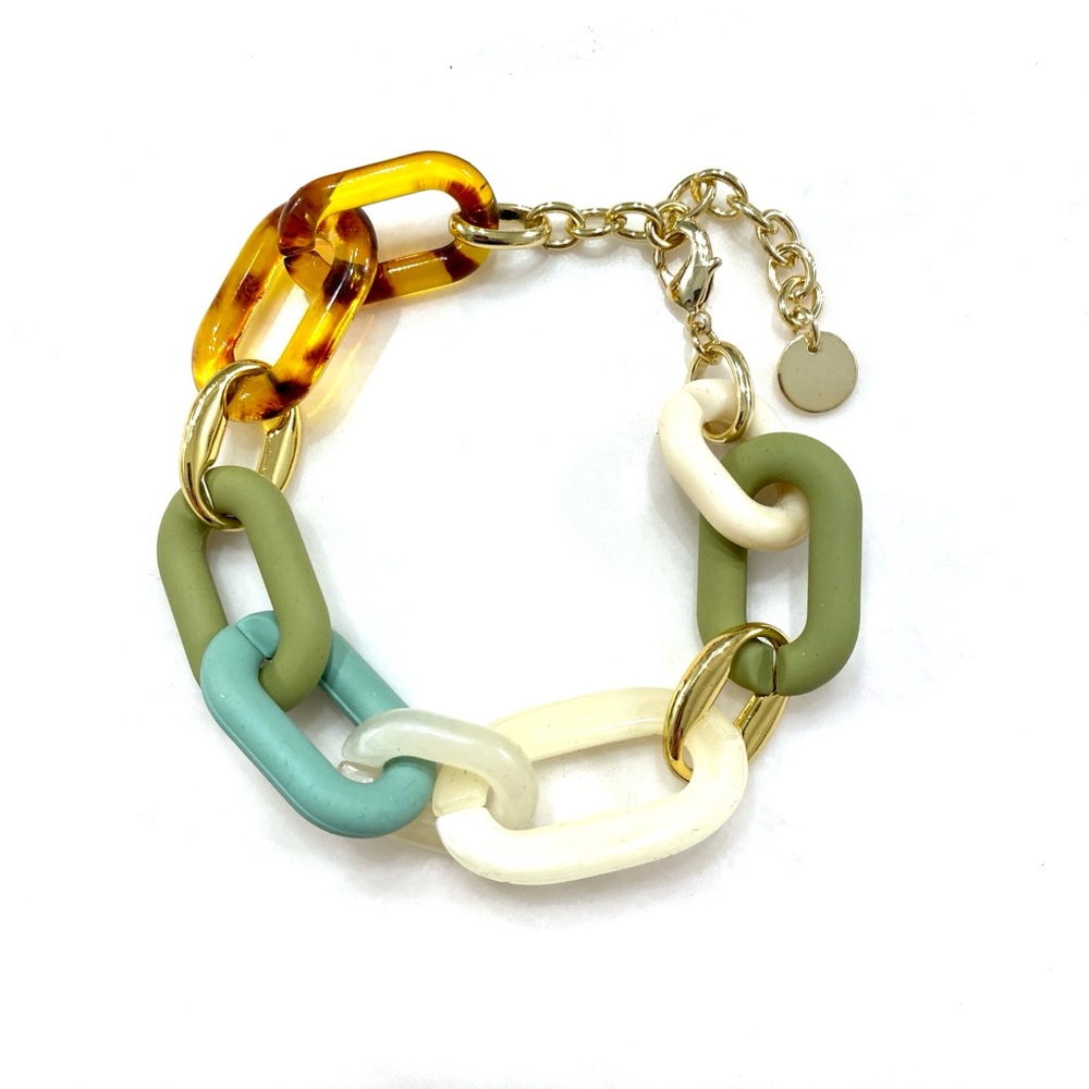 Color-Block Resin Link Bracelet with Gold Accents - Green, Teal, Cream, Amber
